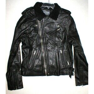 New NWT Mens Designer Slate & Stone Leather Shearling Moto Jacket XL Black Silve